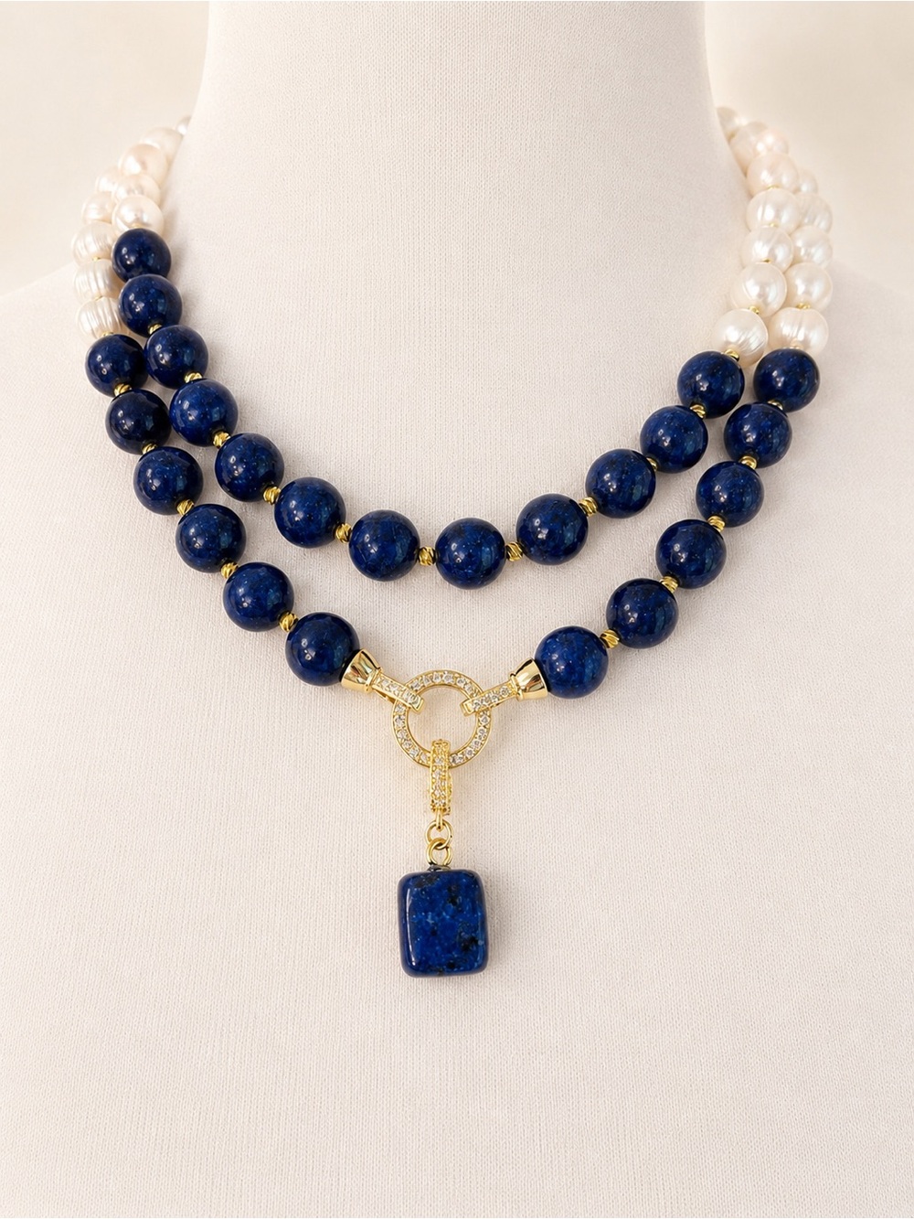 Elegant Double-Strand Pearl Choker Necklace - Gold & White